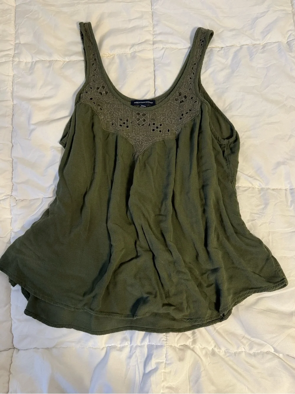 American Eagle Olive Embroidered Babydoll Tank M